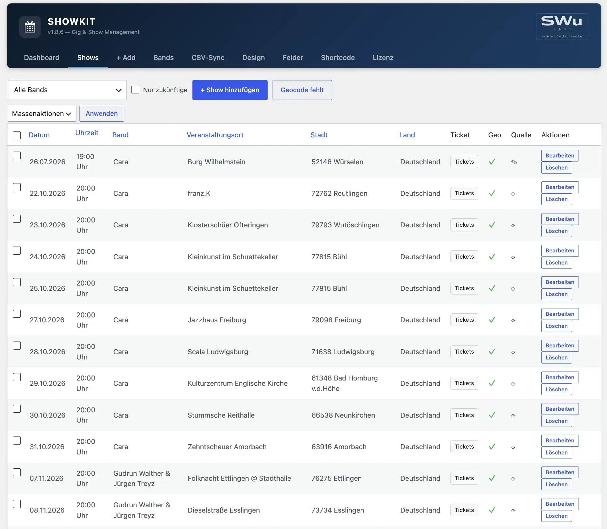 ShowKit Backend: Shows – Alle Termine mit Filter nach Band, Sortierung, Bulk-Aktionen und Geo-Status.