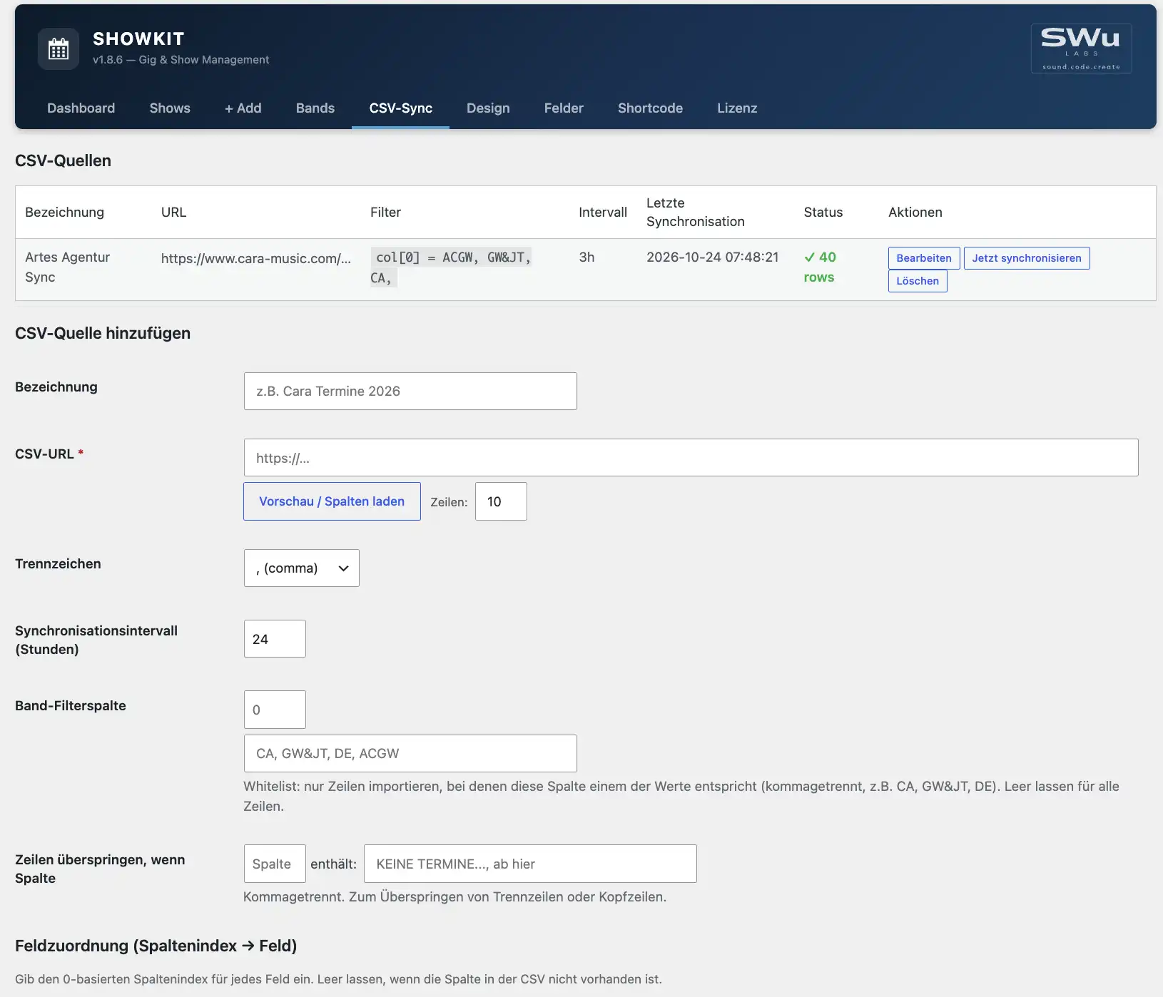 ShowKit Backend: CSV-Sync – Tabelle per URL anbinden, Spalten zuordnen, Intervall wählen.