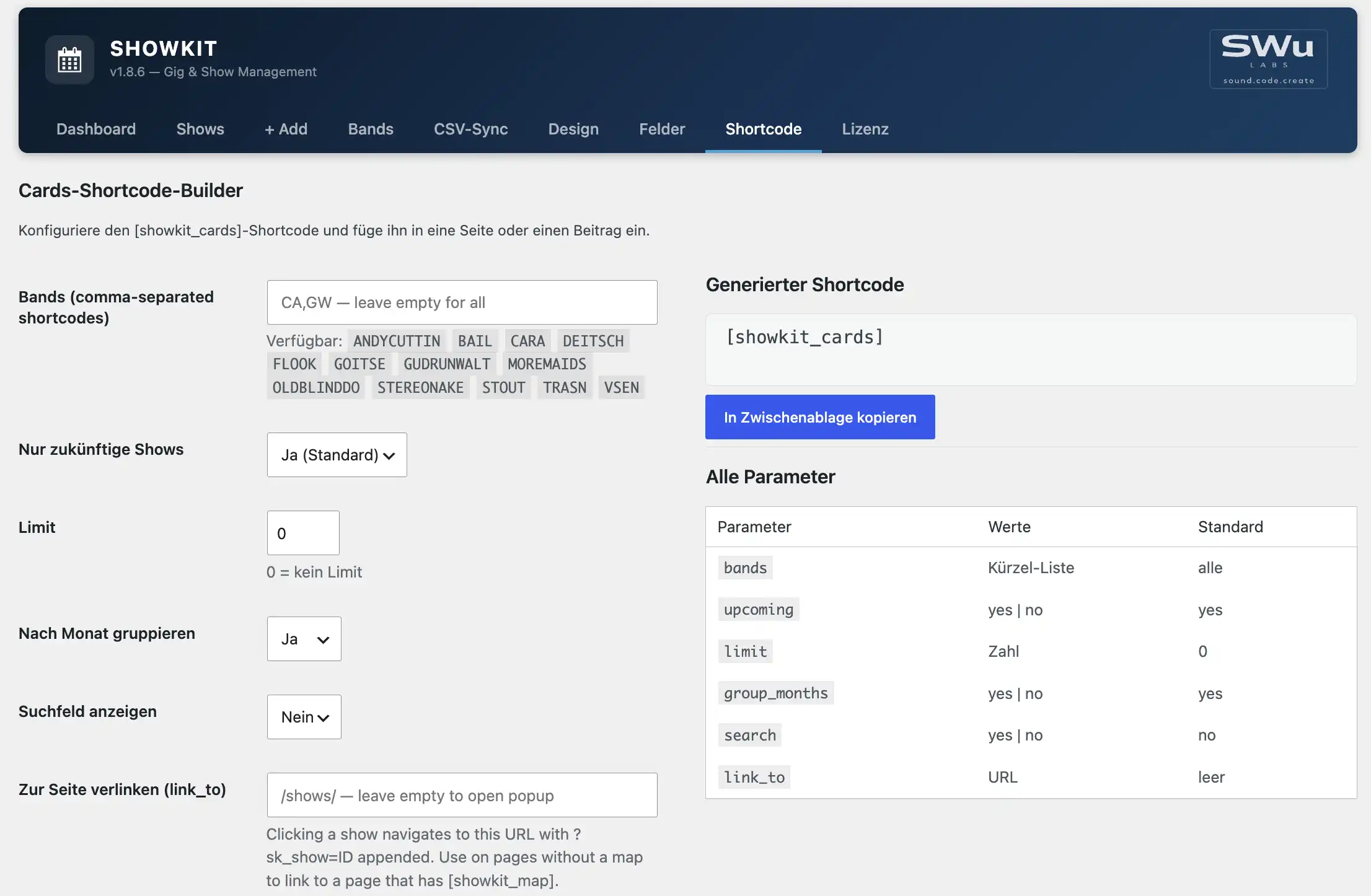 ShowKit Backend: Shortcode-Builder – Optionen wählen, Shortcode kopieren.